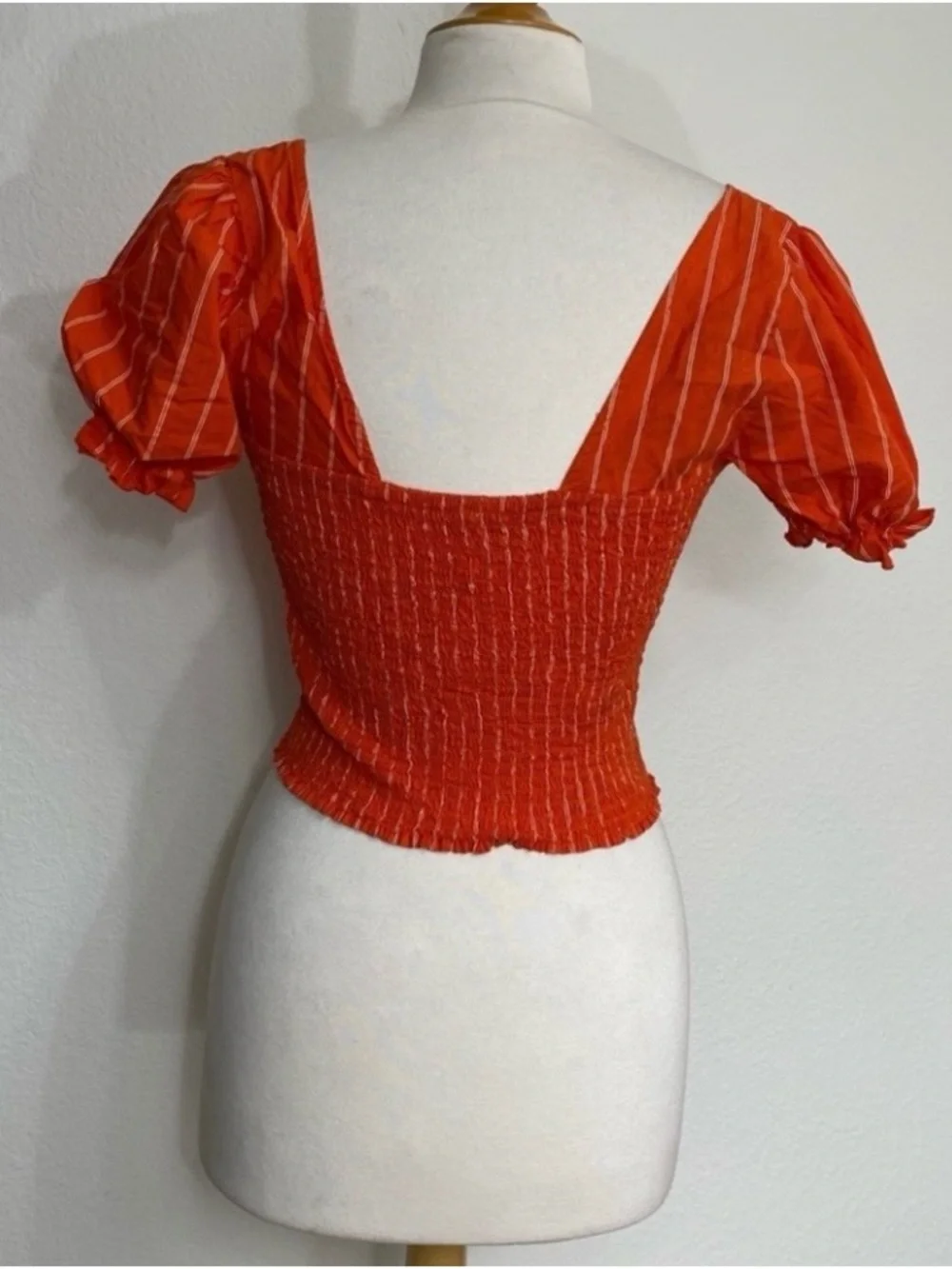 Free People Womens Orange White Stripe Puff Sleeve Smock Blouse Size Medium Boho
